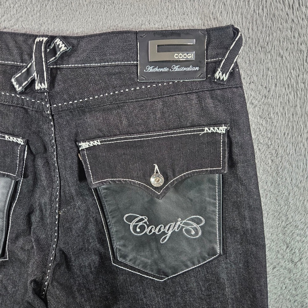 Coogi Mens Black Denim Jeans Leather Trim Contrast Stitch 38x34 Straight Leg